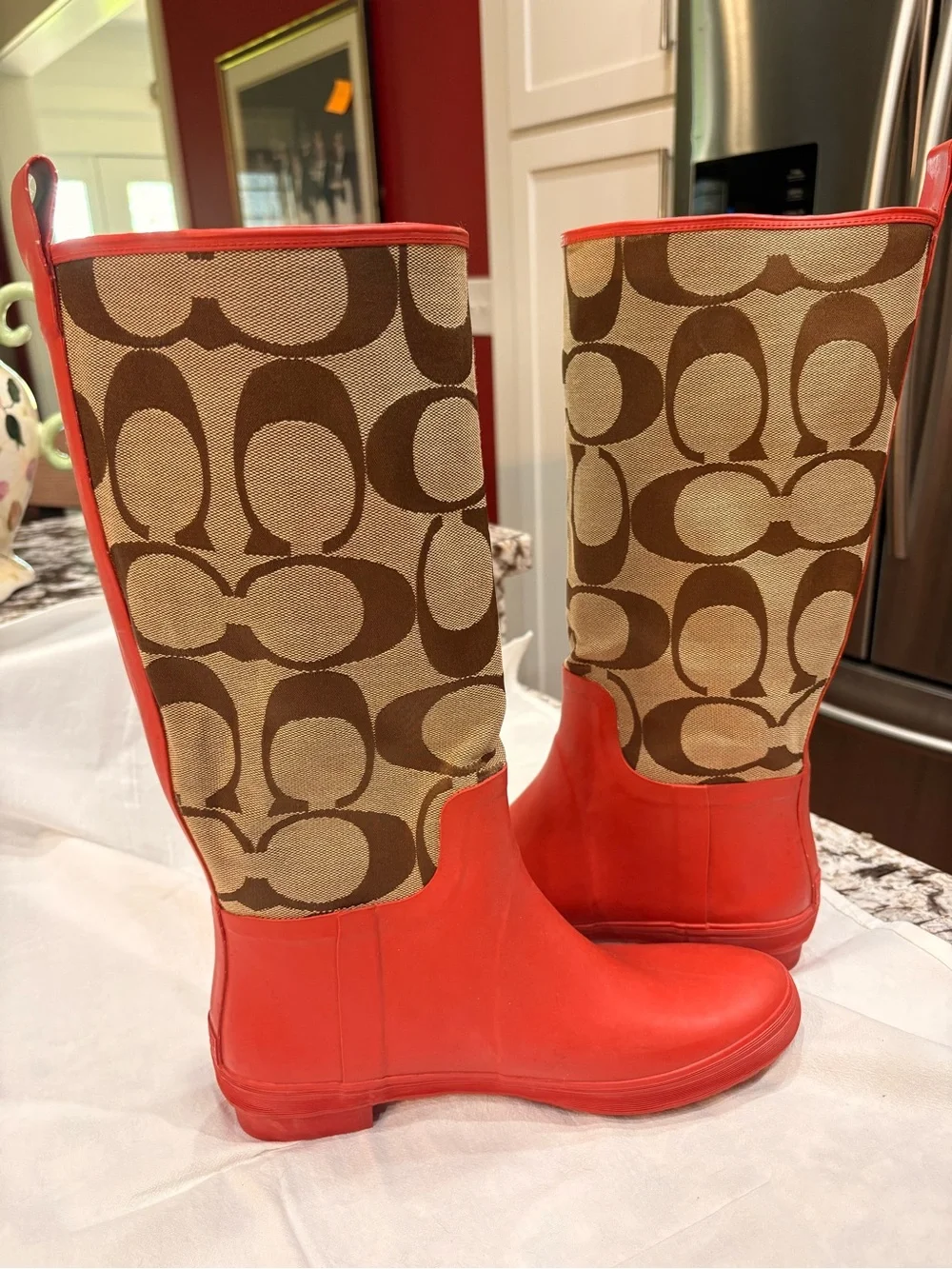 Coach Brown Signature Monogram Rain Boots with Coral Trim